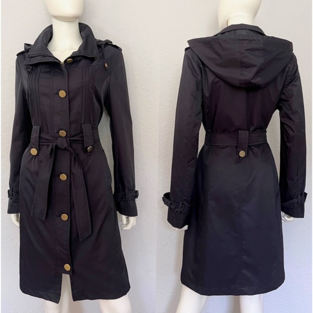 NWT WOMEN TRENCH COAT REMOVABLE HOOD ZIPPED/BUTTONED CLOSURE LINED NAVY‎ BELTED